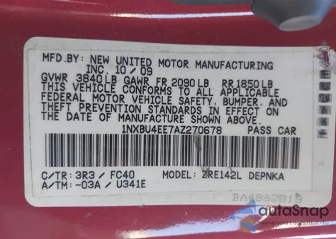 2010 Toyota Corolla Xle z USA, uszkodzony, nr VIN 1NXBU4EE7AZ270678